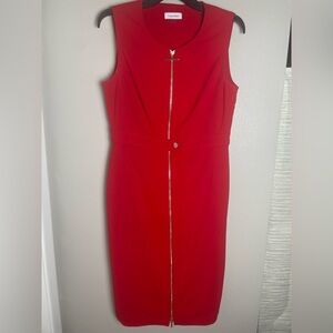 Calvin Klein Red Midi Dress with Gold Zipper Detail